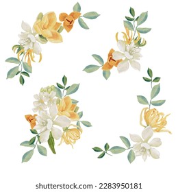 watercolor white gardenia and Thai style flower bouquet wreath frame digital painting