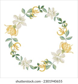 watercolor white gardenia and Thai style flower bouquet gold glitter wreath frame