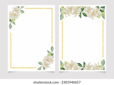 watercolor white gardenia and Thai style flower bouquet gold glitter wreath frame