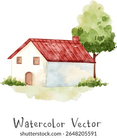 Casa branca aquarela com telhado vermelho, arbustos e árvore. Ilustração de vetor de casa de telhado vermelho adequada para o projeto, convite do cartão, blog, berçários