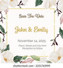 watercolor white magnolia bouquet with golden luxury square frame wedding invitation card template