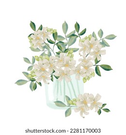 watercolor white murraya orange jasmine flower bouquet in glass vase clipart digital painting