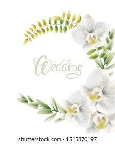 Watercolor white orchid flowers wreath bouquet background vector. Wedding gretting card