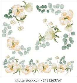 watercolor white peony and rose foliage bouquet background isolated