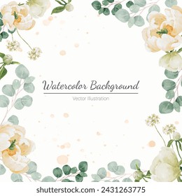 watercolor white peony and rose foliage bouquet background isolated