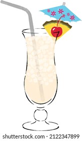 Watercolor white Pina Colada tropical cocktail drink illustration with pineapple wedge and maraschino cherry and drink parasol, isolated vector on white background