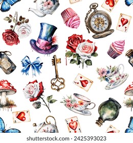 Watercolor white rabbit, cat,  hat, key, clock, tea cup, rose, mushrooms isolated on white background. wonderland seamless pattern, vector illustration.  Texture for fabric, wrapping, wallpaper, print