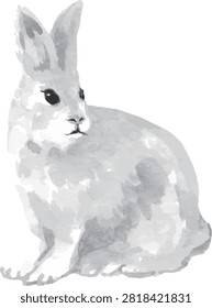 Watercolor white rabbit sitting and looking aside.