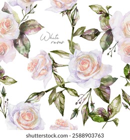 Watercolor white roses. Seamless pattern, vector graphics