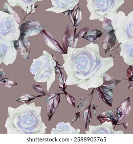 Watercolor white roses. Seamless pattern, vector graphics