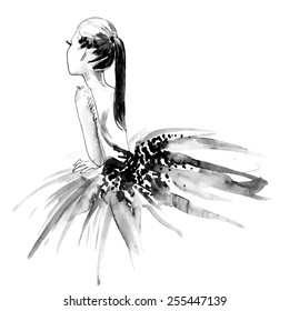 Watercolor white/black ballerina, vector