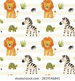 Watercolor wild animals seamless pattern. Cute background with lion, zebra, turtle. Hand painted jungle print