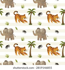 Watercolor wild animals seamless pattern. Cute background with elephant and tiger. Hand painted safari print