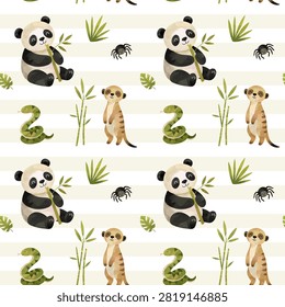 Watercolor wild animals seamless pattern. Cute background with panda, meerkat, snake. Hand painted jungle print