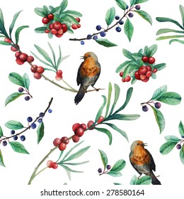 Watercolor wild berries and birds seamless pattern. Hand drawn floral texture with natural elements: cranberry, blackthorn, leaves, branches and various birds. Vector illustration