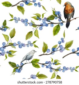 Watercolor wild berries and birds seamless pattern. Hand drawn floral texture with natural elements: blue berries, leaves, branches and various birds. Vector illustration