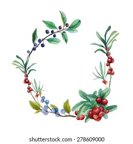 Watercolor wild berries frame. Hand drawn floral wreath with natural elements: cranberry, blackthorn, blueberry branches and leaves. Vector vintage design