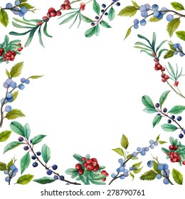 Watercolor wild berries frame. Hand drawn floral card design with natural elements: cranberry, blackthorn, blueberry branches and leaves. Vector illustration