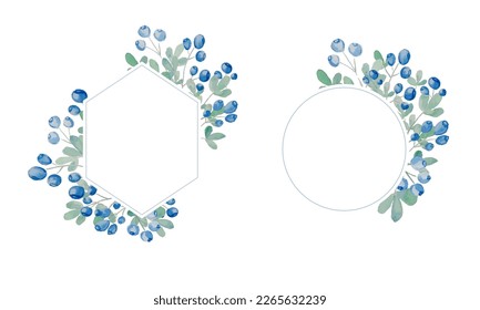 Watercolor wild berries frame set. Hand drawn floral card design with natural elements blueberry branches and leaves. Vector illustration