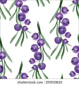 Watercolor wild berries  seamless pattern. Hand drawn floral texture with natural elements: blue berries, leaves, branches. Vector illustration