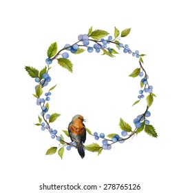 Watercolor wild blue berries and bird wreath. Hand drawn floral frame with natural elements: blue berries, leaves, branches and single bird. Vector vintage round border