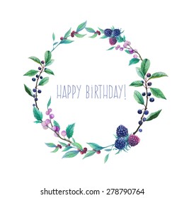 Watercolor wild blue berries wreath. Hand drawn happy birthday floral frame with natural elements: blue berries, leaves, branches. Vector vintage round border