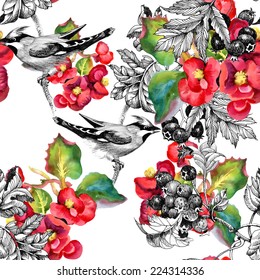 Watercolor Wild exotic birds on flowers twig seamless pattern on white background vector illustration