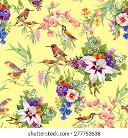 Watercolor Wild exotic birds on flowers seamless pattern on yellow background vector illustration