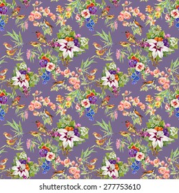 Watercolor Wild exotic birds on flowers seamless pattern on purple background vector illustration