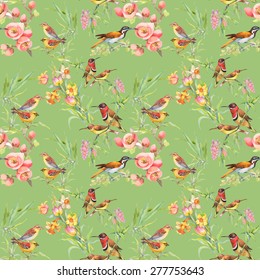 Watercolor Wild exotic birds on flowers seamless pattern on green background vector illustration
