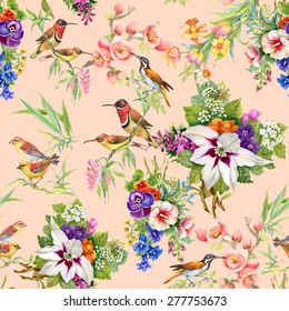 Watercolor Wild exotic birds on flowers seamless pattern on pink background vector illustration