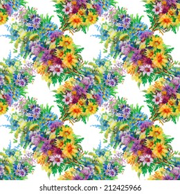 Watercolor wild field flowers seamless pattern on white background vector illustration