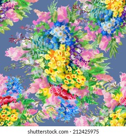 Watercolor wild field flowers seamless pattern on blue background vector illustration