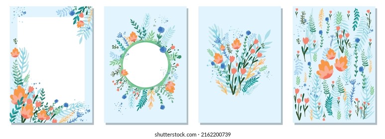 conjunto de flores silvestres de color de agua - tarjetas de celebración, composiciones tiernas para el matrimonio, nacimiento, compromiso con sombras azul verde y naranja en fondo azul claro - ilustración vectorial de mano plana