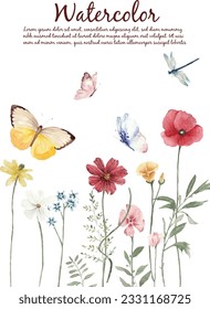 Watercolor wild flowers and butterfly set Hand drawn vector illustration