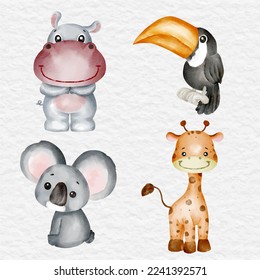 watercolor wild life animal clip art hippo koala giraffe bird