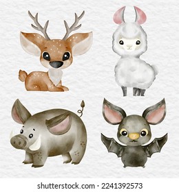 watercolor wild life boar bat reindeer alpaca element