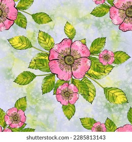 Watercolor wild rose seamless pattern. Bright flowers wild rose hand drawn, vector. Botanical background design for print fabric, paper, Pink rose flowers seamless wallpaper