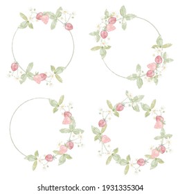 watercolor wild strawberry branch flower wreath frame collection for logo or banner digital painting