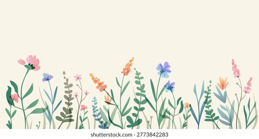 Watercolor wildflower border with spring pattern and delicate floral frame. Pink poppies, blue petals, and garden flowers on white background, romantic botanical illustration for cards.