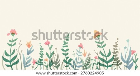 Watercolor wildflower border with spring pattern and delicate floral frame. Pink poppies, blue petals, and garden flowers on white background, romantic botanical illustration for cards.