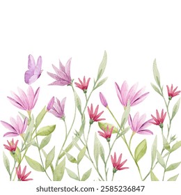 Watercolor wildflower field with colorful flowers and butterflies vector illustration