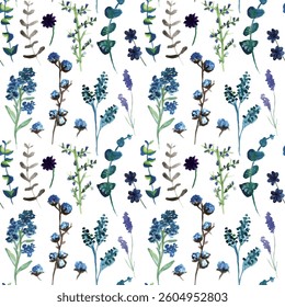 Watercolor Wildflower Pattern, Blue Botanical Seamless Design