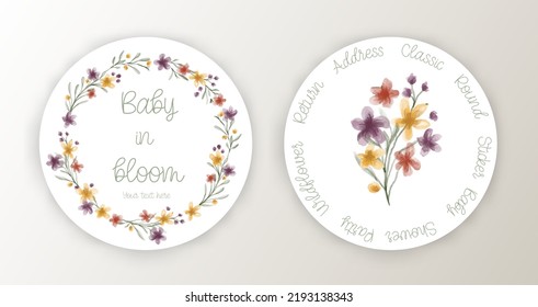 Watercolor Wildflower Return Address Classic Round Sticker. Baby in Bloom Wildflower Favor Tags