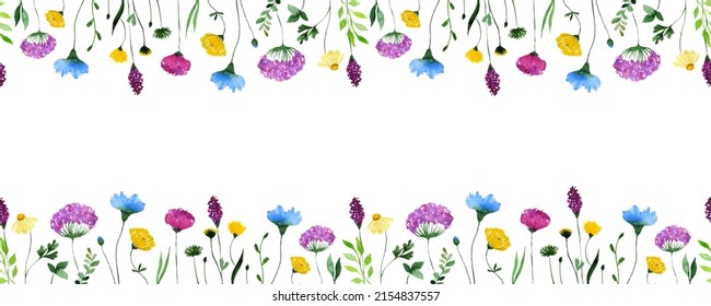 Watercolor wildflower seamless border. Floral rectangle frame with place for text.