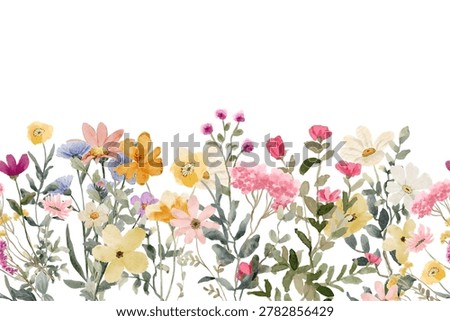 Watercolor Wildflower Seamless Border, Horizontal Floral Frame Vector Illustration for Wedding Invitation and Elegant Nature Background