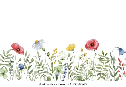 Watercolor Wildflower Seamless Horizontal Border	