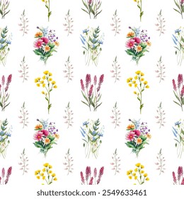 Watercolor wildflower seamless pattern showcasing a vibrant array of watercolor wildflowers in various colors and shapes. ideal for fabric, gift wraps and more. Flower pattern, vintage illustration