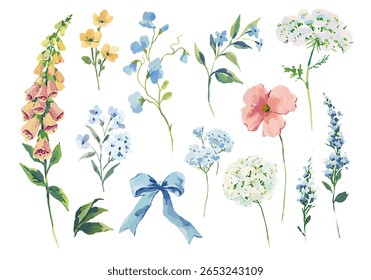 Aquarela coleção de vetor de flores silvestres com luva de raposa, papoula, hortênsia, lavanda, gypsophila, ervilha doce, esqueça-me-não, clipart botânico