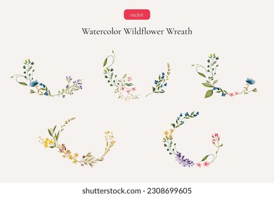 Watercolor wildflower wreath set. Vector botanical illustration. Delicate meadow flowers and leaves. svg